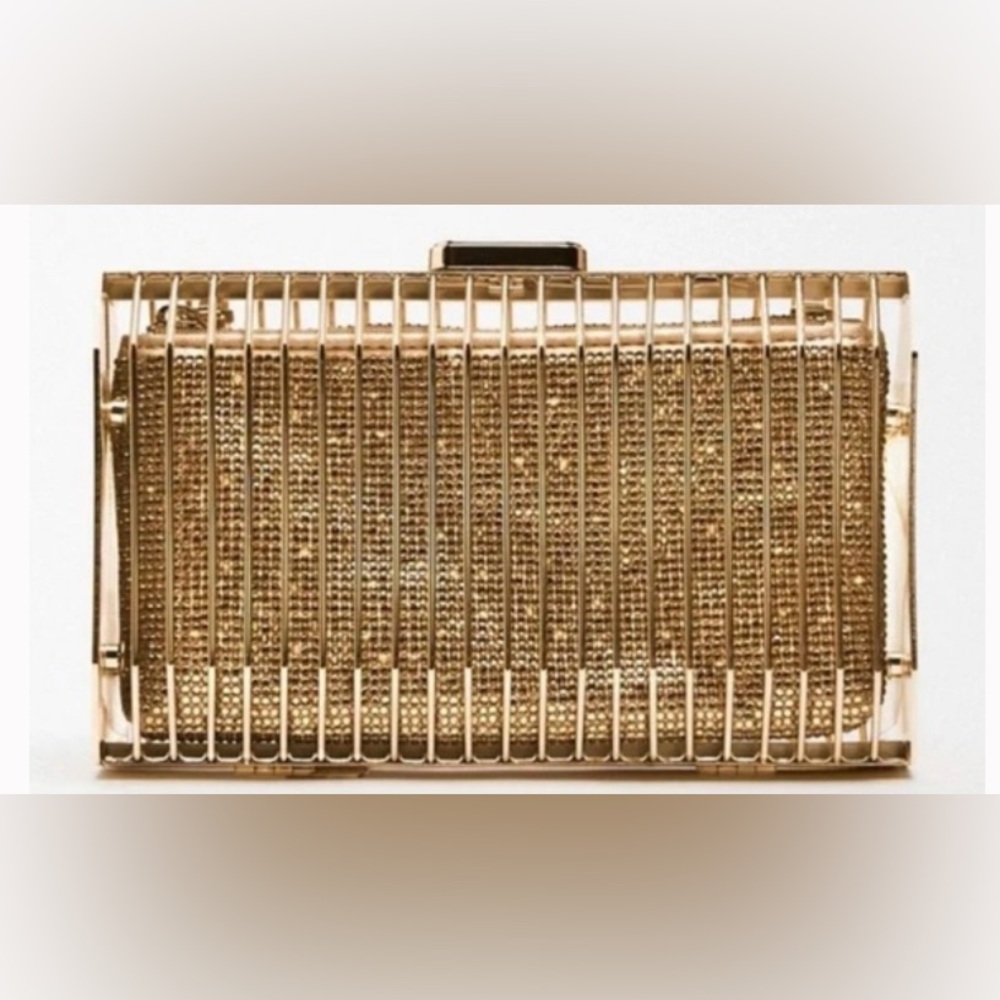 ZARA/NEW - Metallic Golden Cage Style Box Clutch, Rose Gold